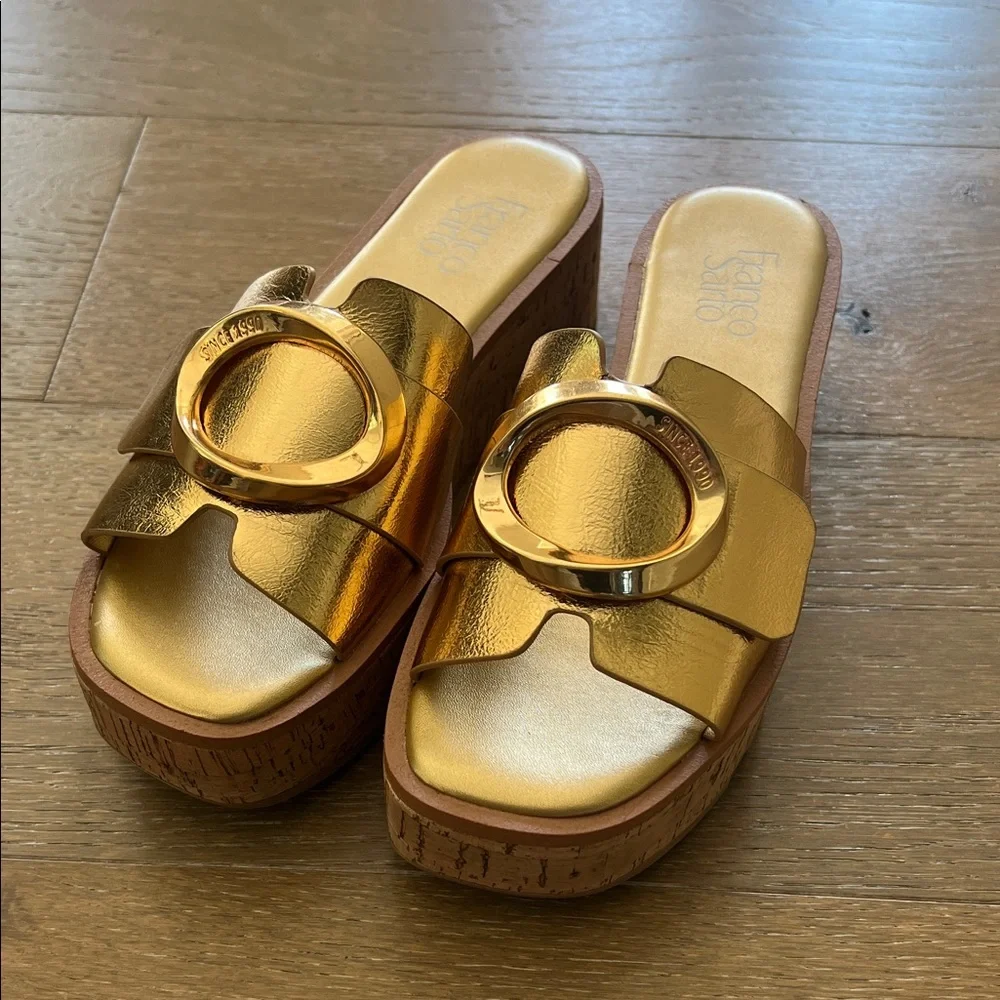 Franco Sarto Gold Metallic Platform Slide Sandals